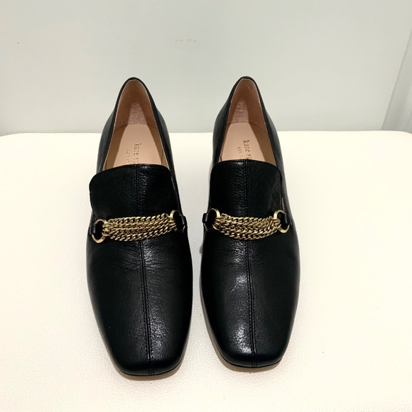 Kate Spade Gabby Black Leather Block Heel Loafer Square Toe Shoes Gold Chain 7.5 - Picture 6 of 8